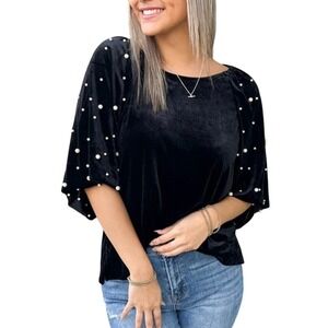 Umgee Plus Size 2XL Black Velvet Pearl Embellished Top Dolman Sleeve NWT
